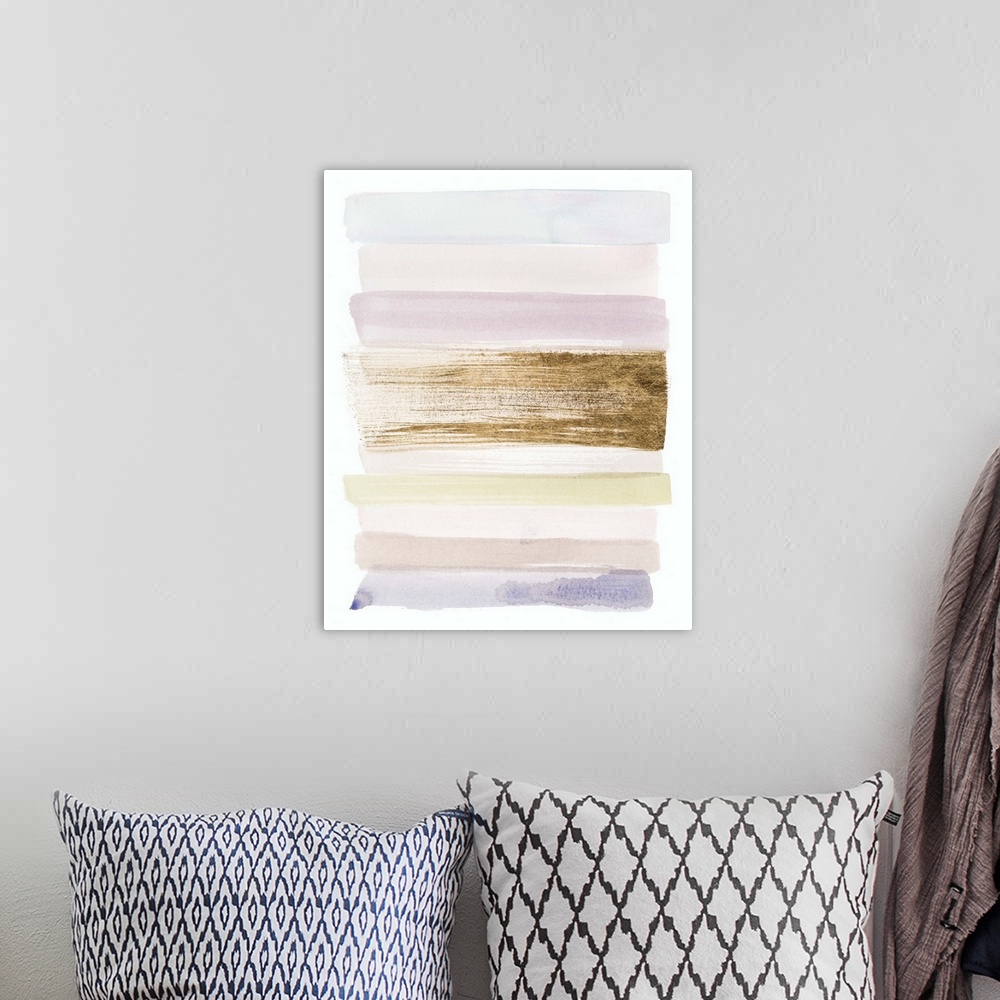 A bohemian room featuring Abstract painting using pastel colors in horizontal strokes with a dark strokes in the center.