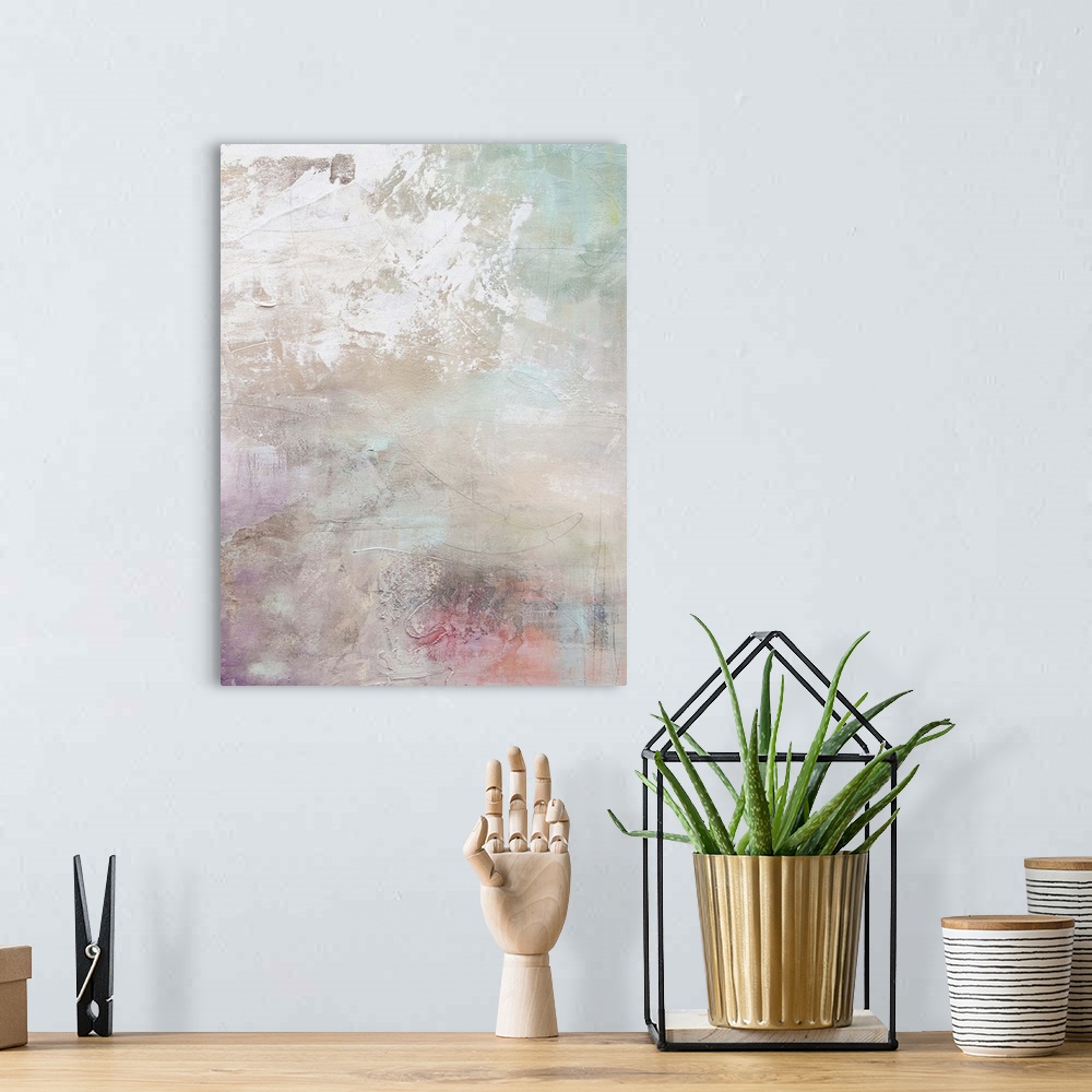 A bohemian room featuring Contemporary abstract painting using washed out cloud like textures surrounding vibrant splashes ...