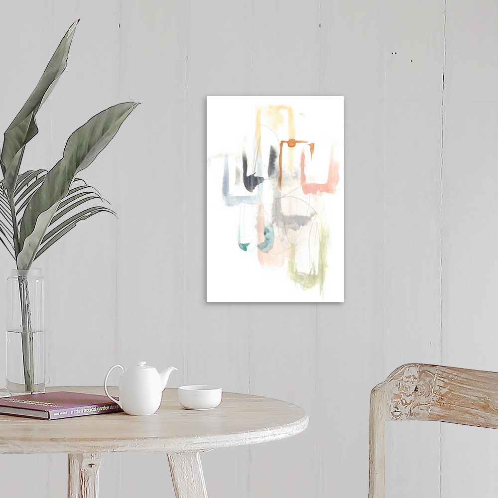 A farmhouse room featuring Watercolor abstract painting of rectangular pastel shapes on white.