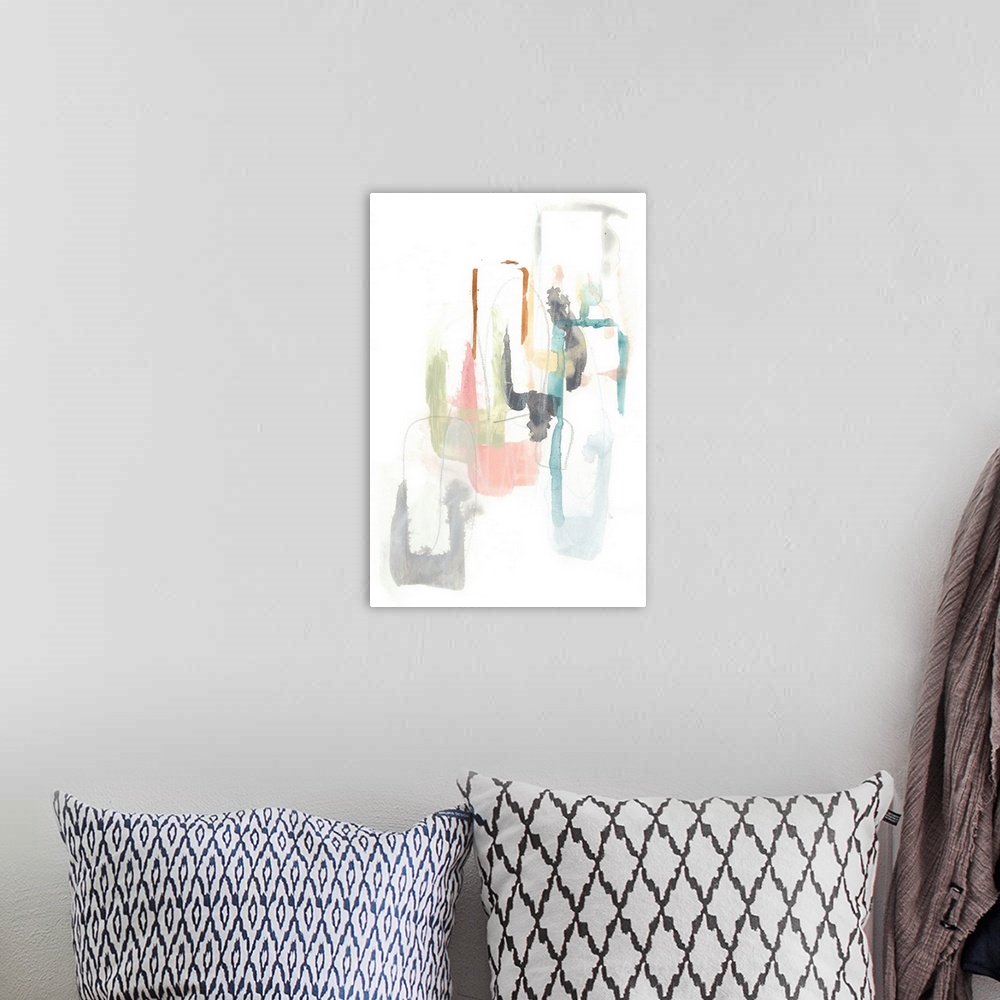 A bohemian room featuring Watercolor abstract painting of rectangular pastel shapes on white.