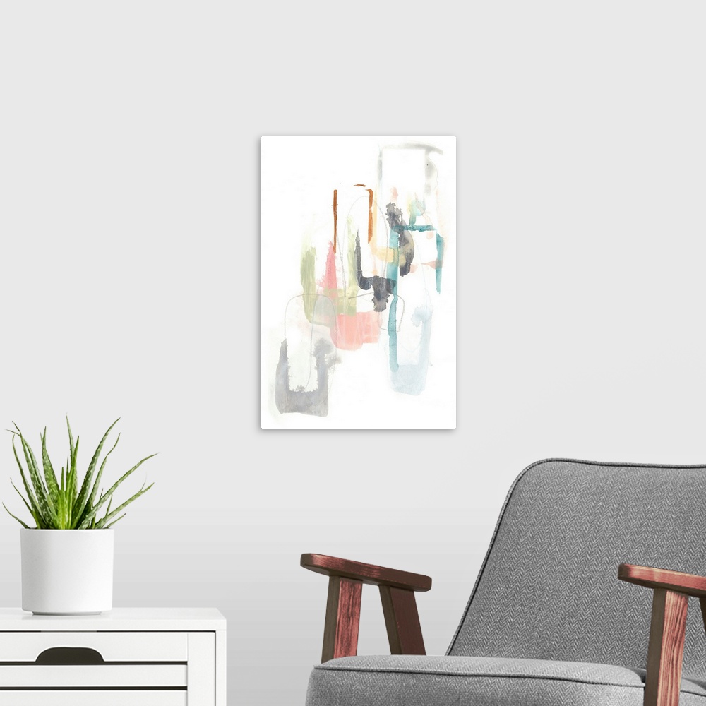 A modern room featuring Watercolor abstract painting of rectangular pastel shapes on white.