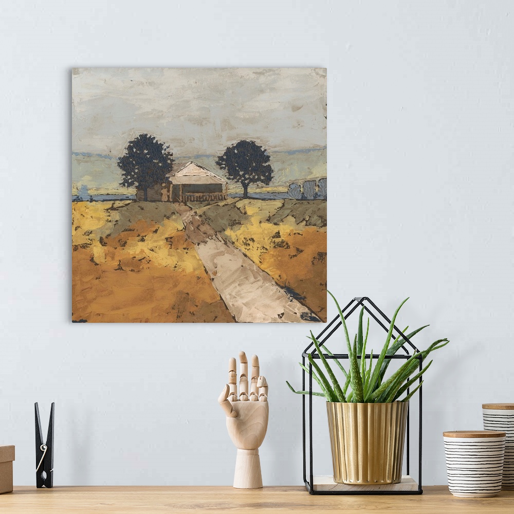 A bohemian room featuring Contemporary landscape painting of a serene countryside scene.