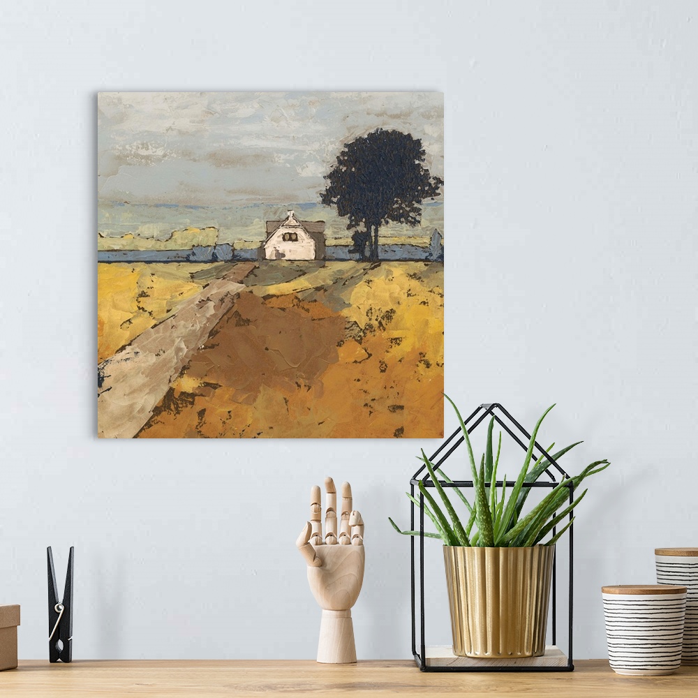 A bohemian room featuring Contemporary landscape painting of a serene countryside scene.