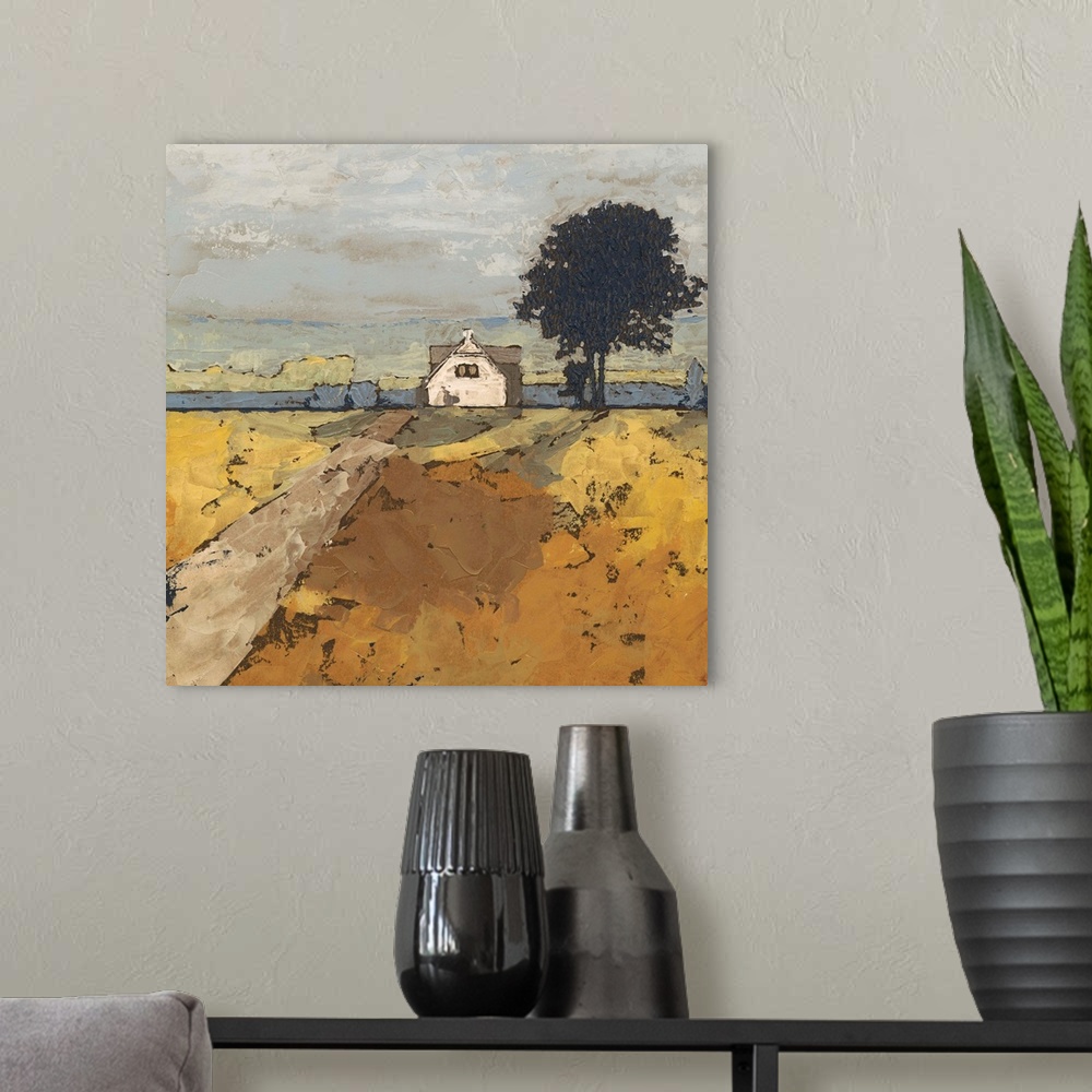 A modern room featuring Contemporary landscape painting of a serene countryside scene.