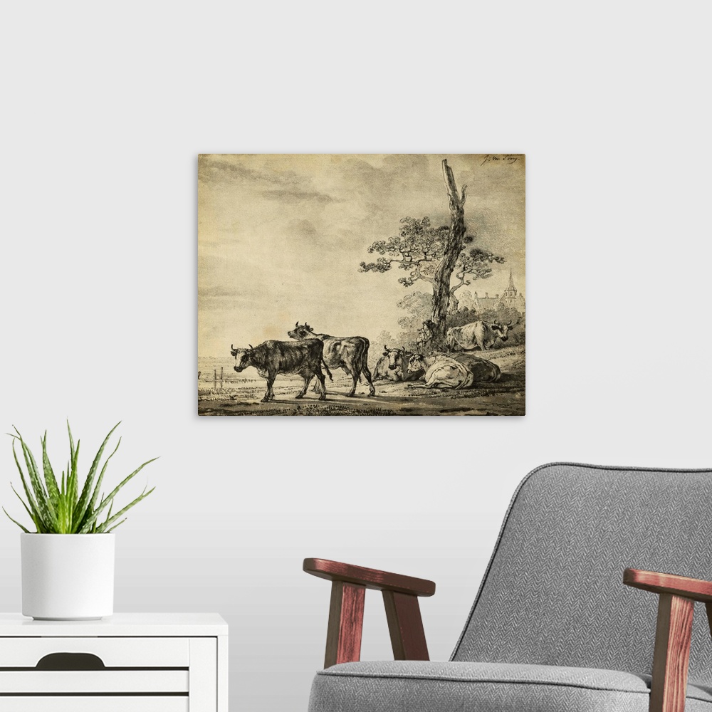 A modern room featuring Pastoral Etching I