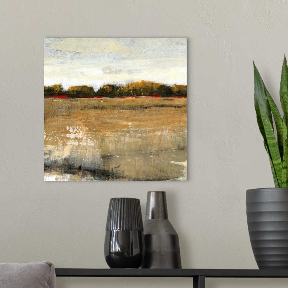 A modern room featuring Contemporary abstract painting resembling a country landscape.