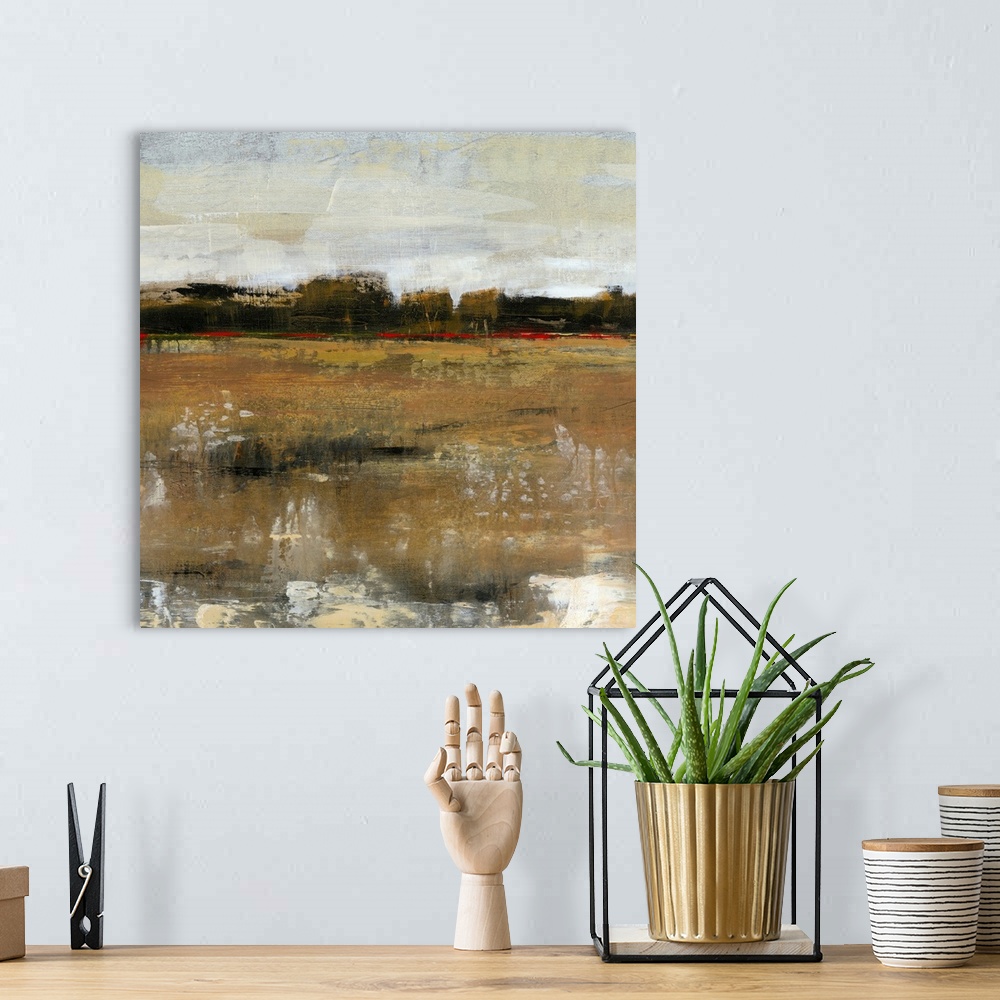 A bohemian room featuring Contemporary abstract painting resembling a country landscape.