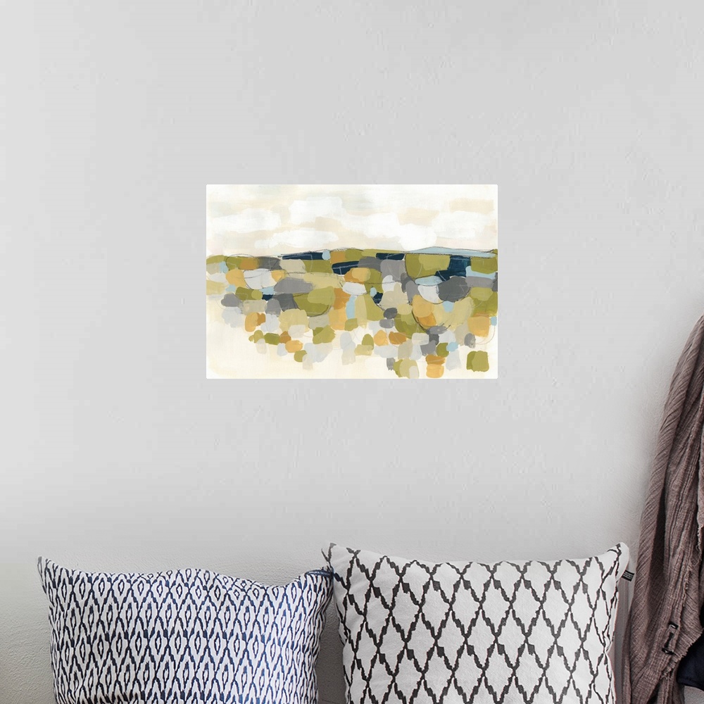 A bohemian room featuring This contemporary artwork features blocks of yellow, green and blue over a beige landscape.
