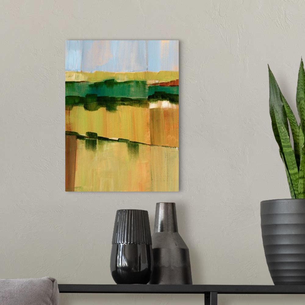 A modern room featuring Contemporary semi-abstract painting of farmland under a dusty blue sky.