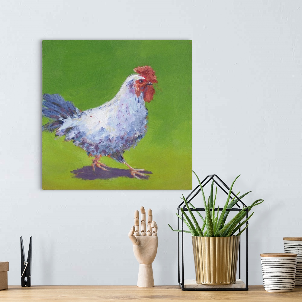 A bohemian room featuring Contemporary artwork of a chicken trekking through a pasture.