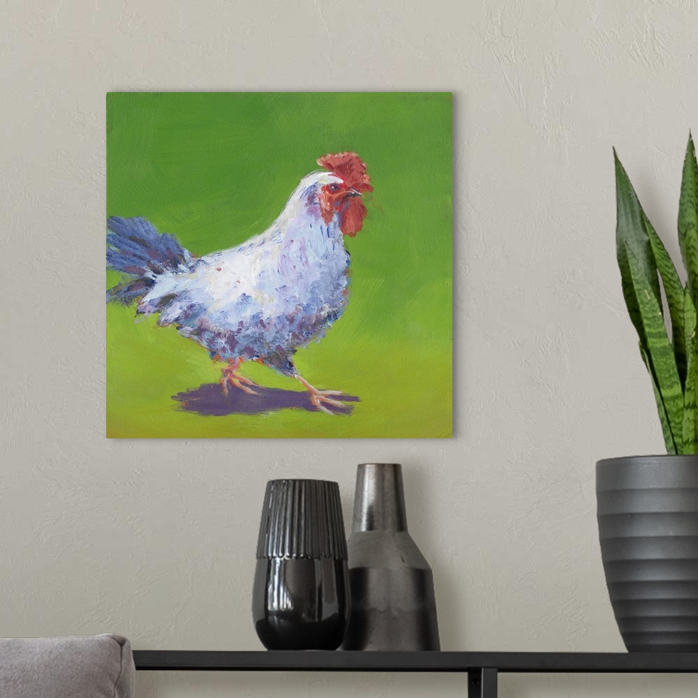 A modern room featuring Contemporary artwork of a chicken trekking through a pasture.