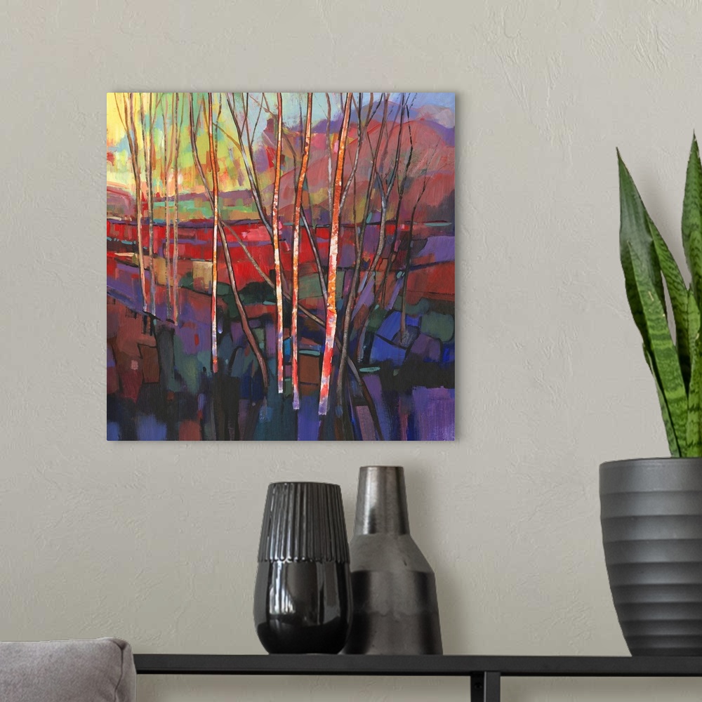 A modern room featuring Patchwork Trees I