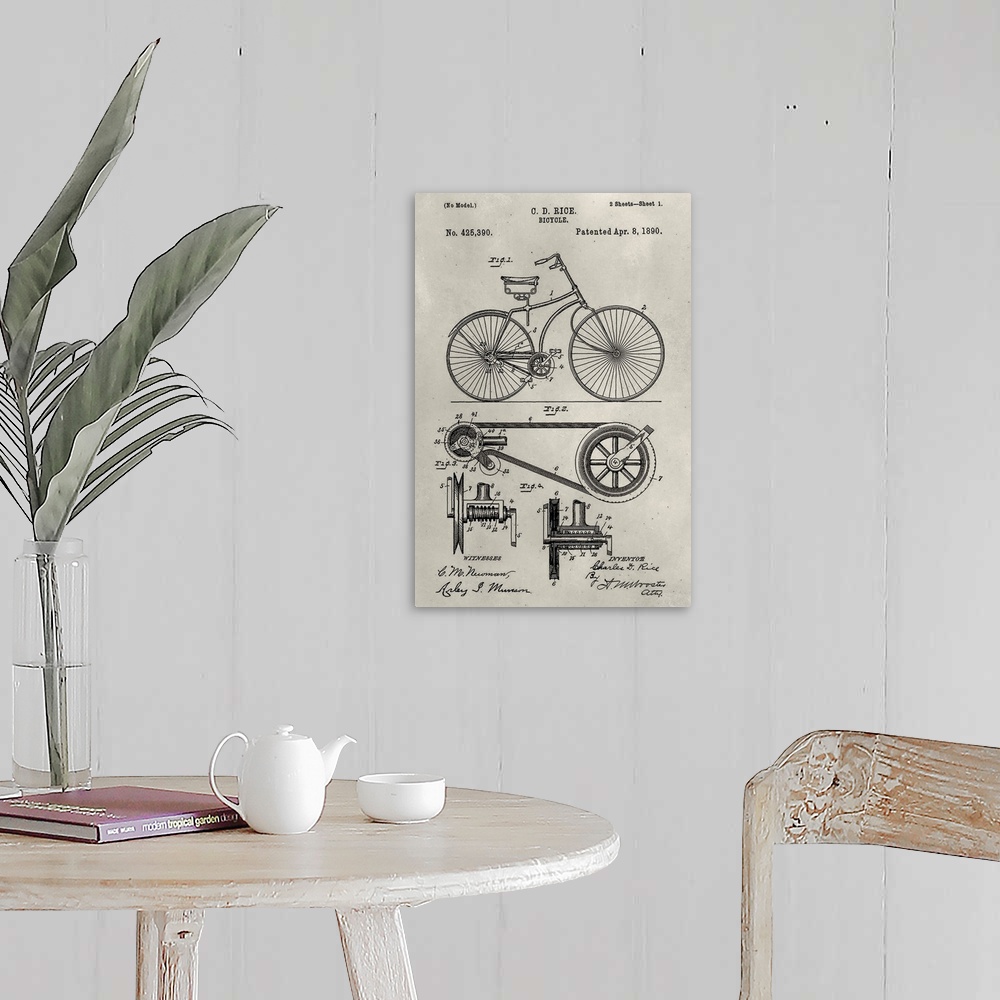 A farmhouse room featuring Vintage patent illustration of a bicycle.