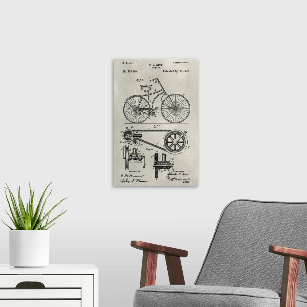A modern room featuring Vintage patent illustration of a bicycle.