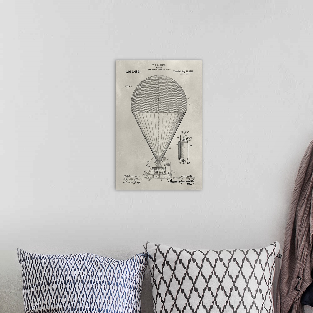 A bohemian room featuring Vintage patent illustration of a hot air balloon.
