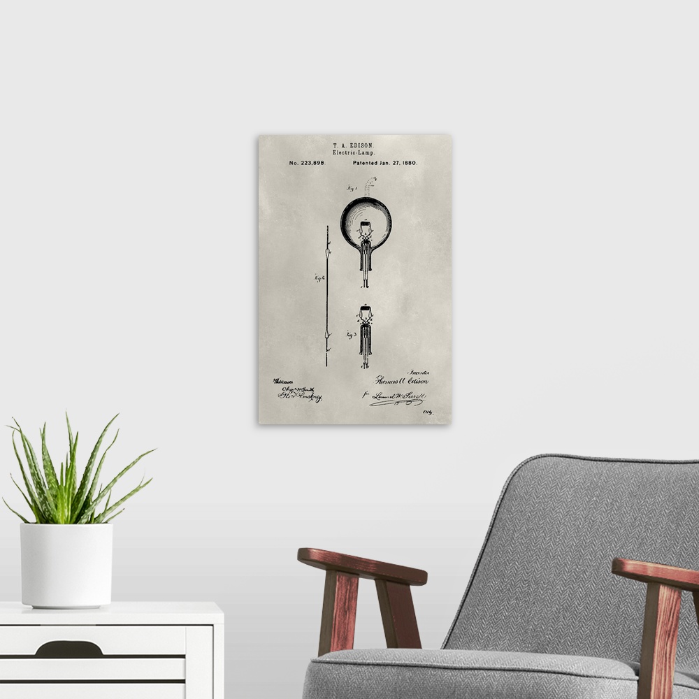 A modern room featuring Vintage patent illustration of a light bulb.