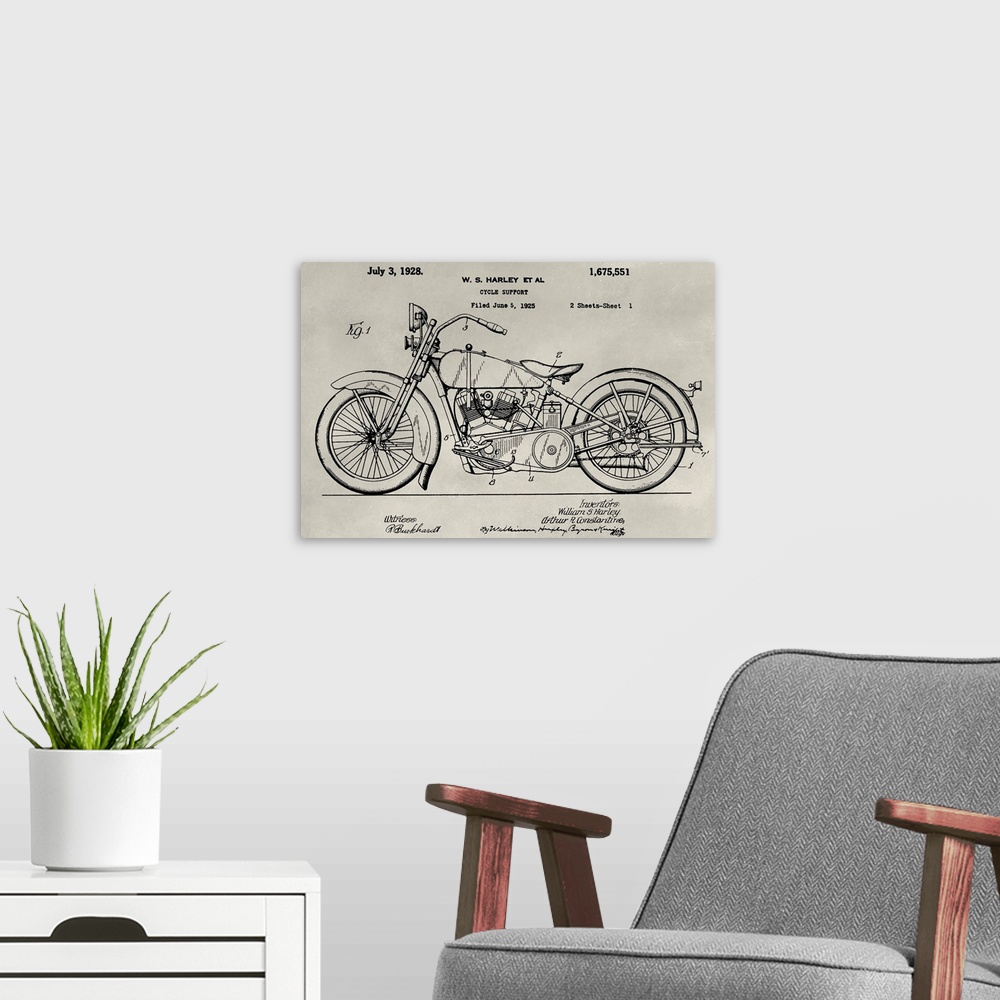 A modern room featuring Vintage patent illustration of a motorcycle.