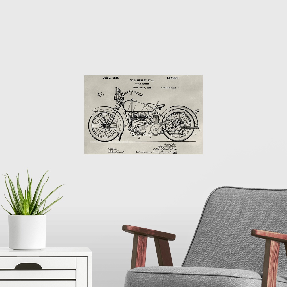 A modern room featuring Vintage patent illustration of a motorcycle.