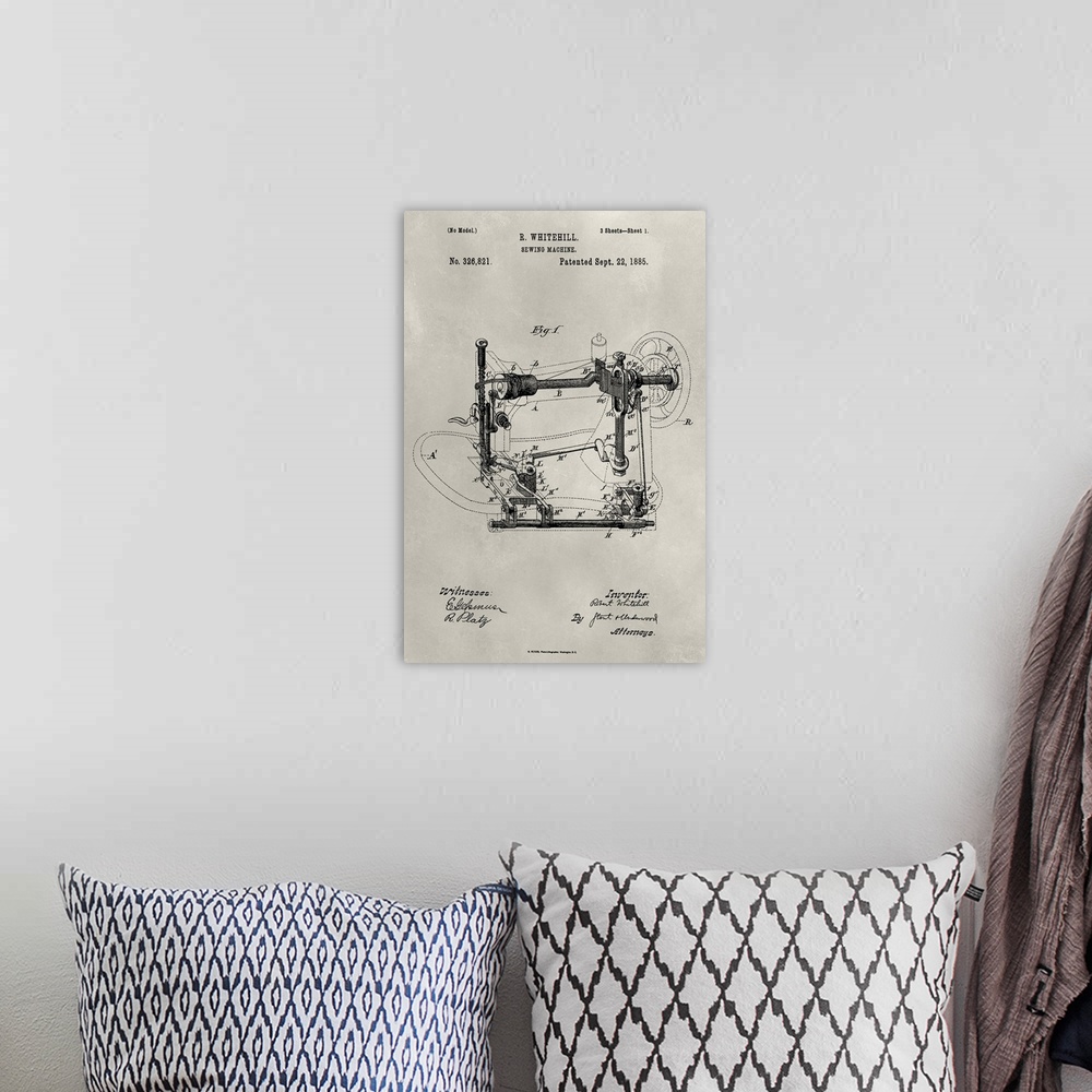 A bohemian room featuring Vintage patent illustration of a sewing machine.