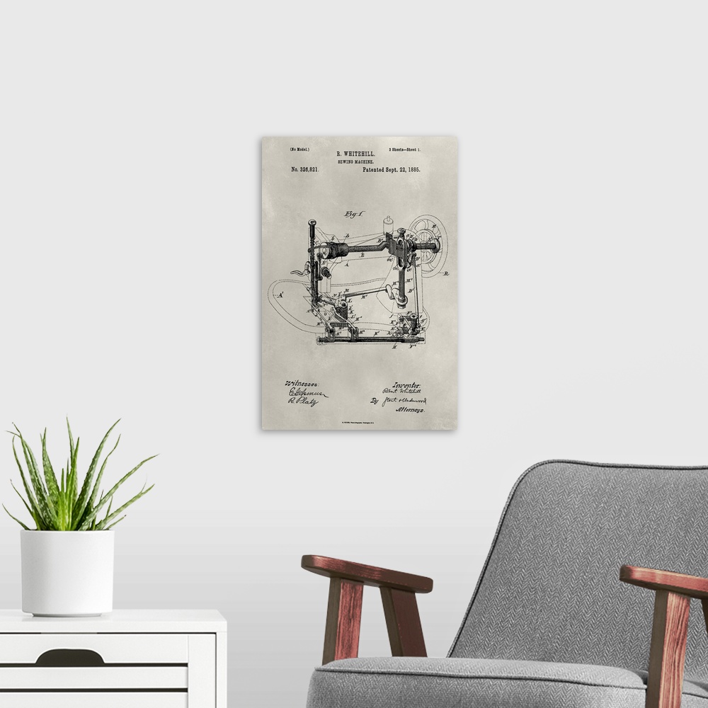 A modern room featuring Vintage patent illustration of a sewing machine.