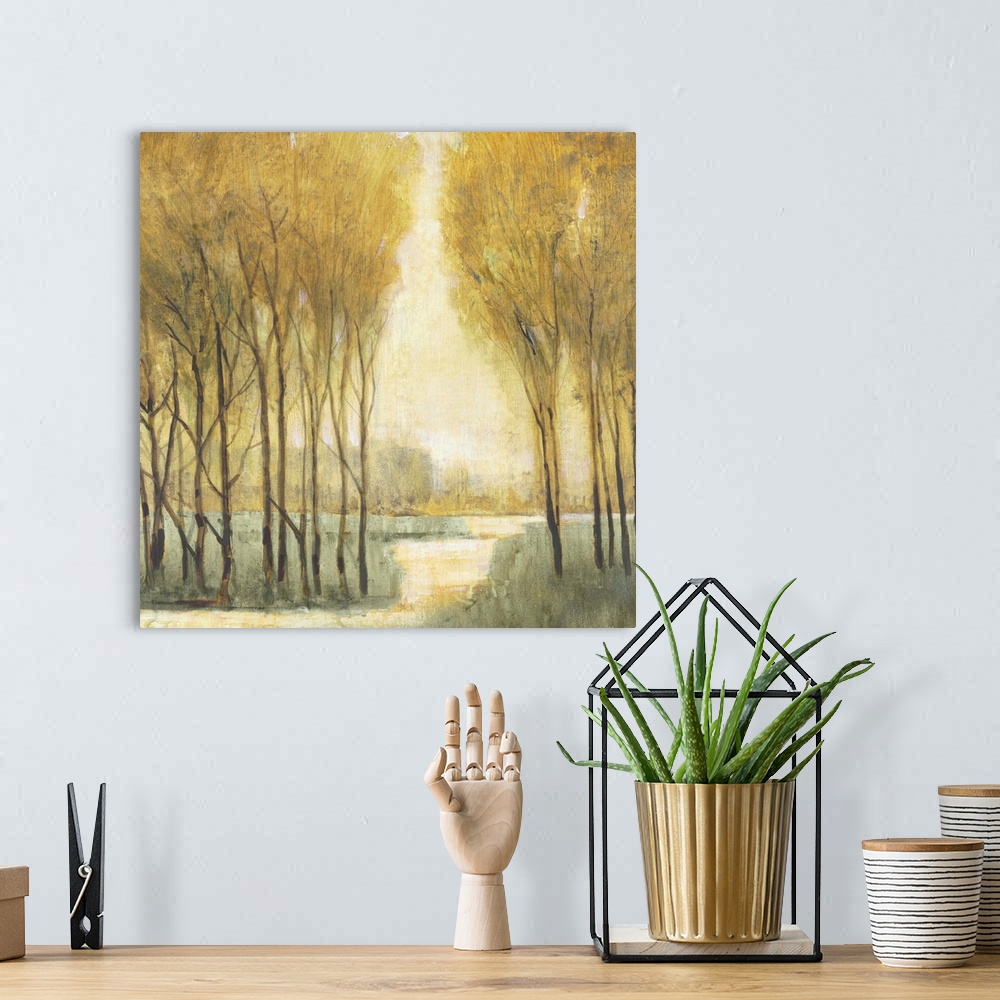 A bohemian room featuring Painting of a pathway through a forest in soft golden tones that would look great in any traditio...