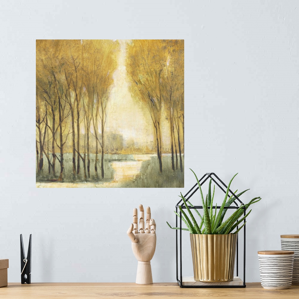 A bohemian room featuring Painting of a pathway through a forest in soft golden tones that would look great in any traditio...