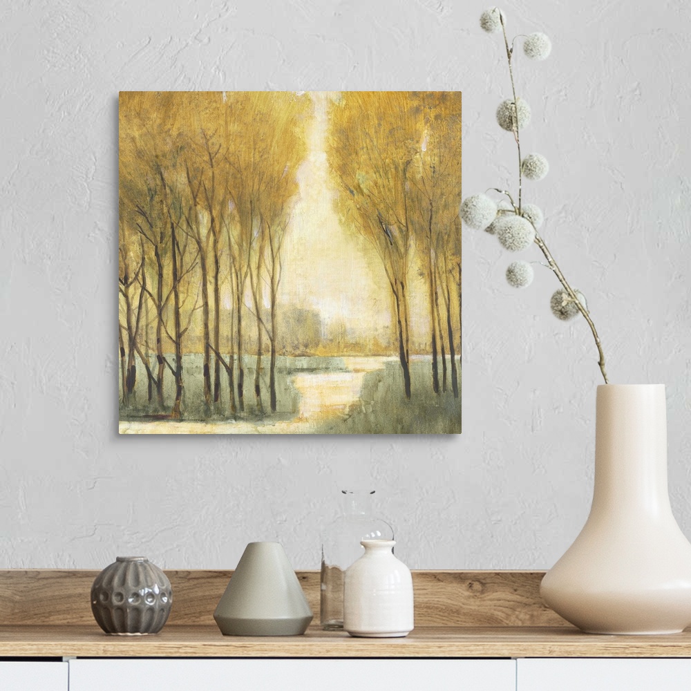A farmhouse room featuring Painting of a pathway through a forest in soft golden tones that would look great in any traditio...