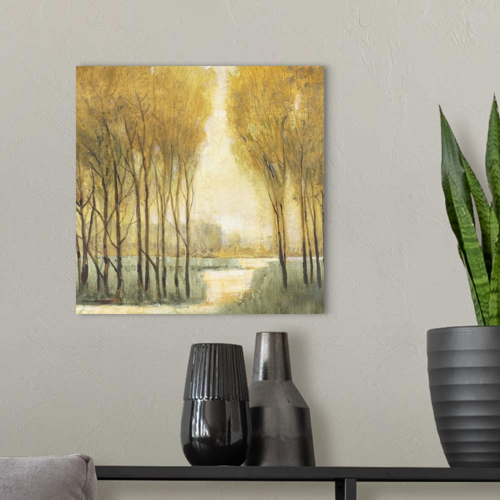 A modern room featuring Painting of a pathway through a forest in soft golden tones that would look great in any traditio...