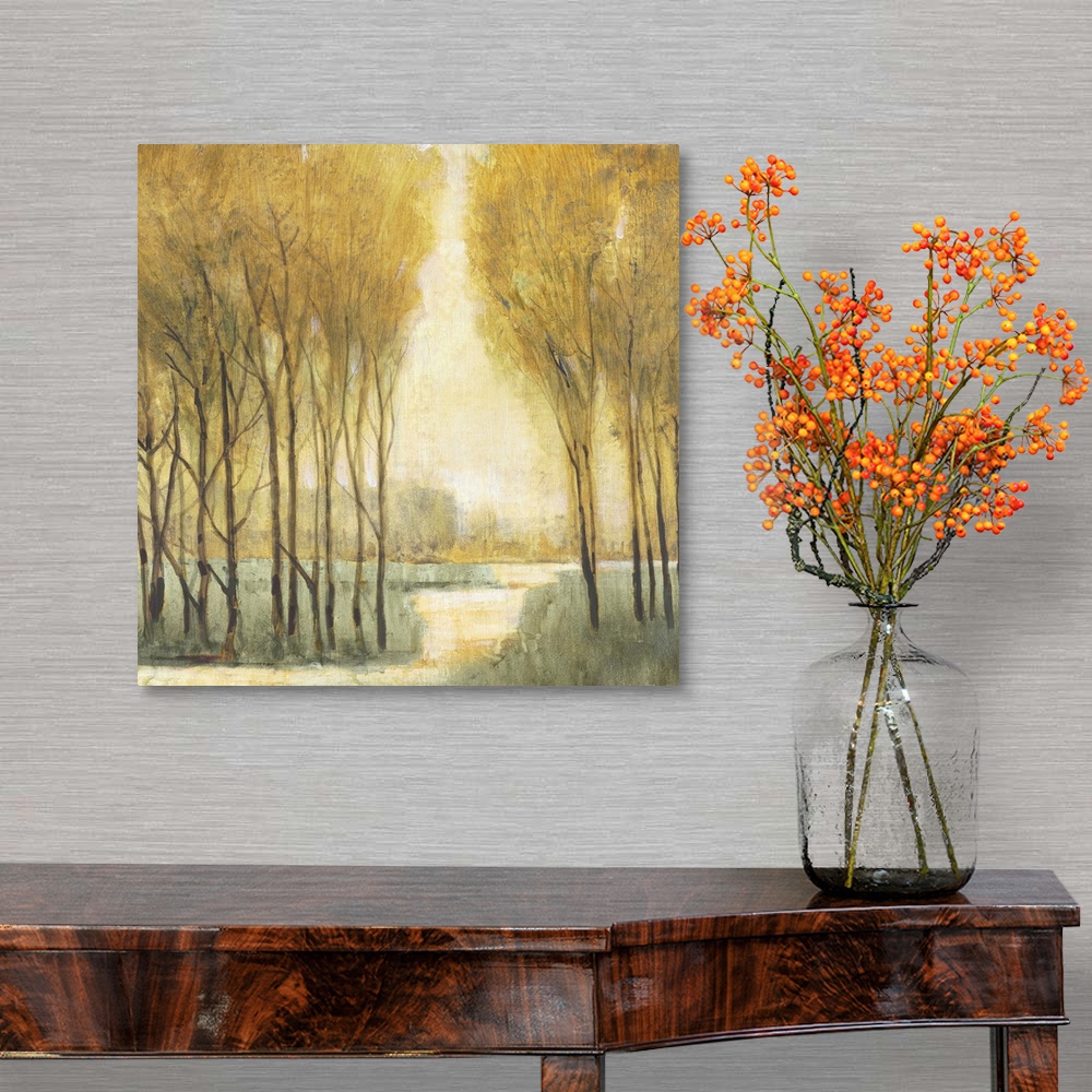 A traditional room featuring Painting of a pathway through a forest in soft golden tones that would look great in any traditio...