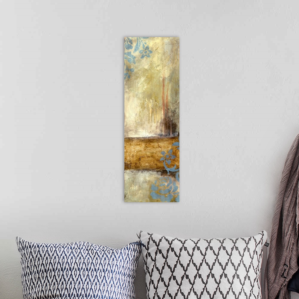 A bohemian room featuring Contemporary abstract painting using dark weathered colors and rustic textures.