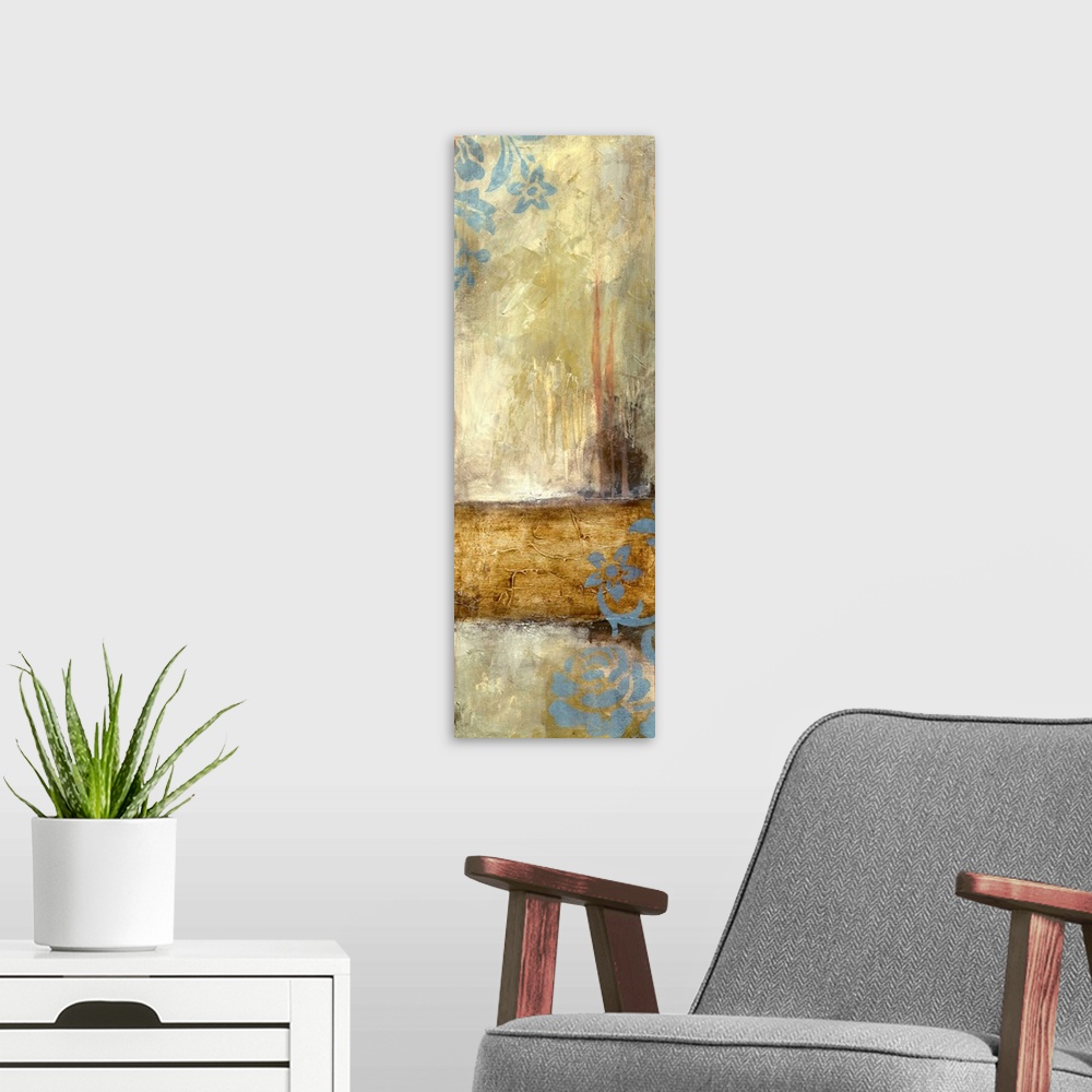 A modern room featuring Contemporary abstract painting using dark weathered colors and rustic textures.