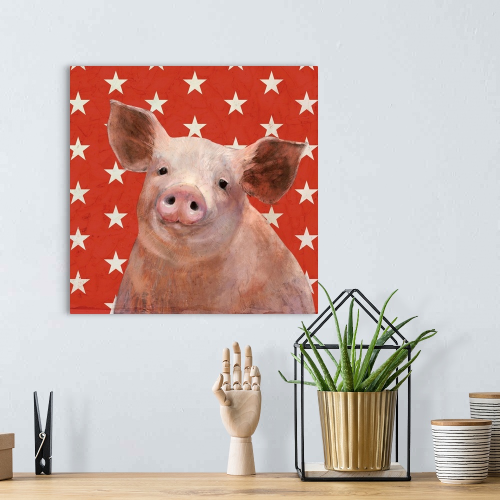 A bohemian room featuring Square portrait of a pig on a red and white star patterned background.