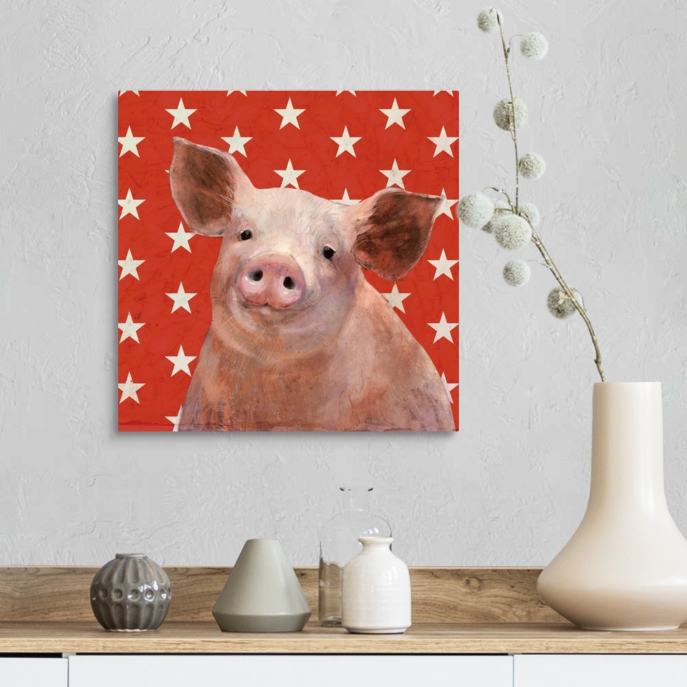 A farmhouse room featuring Square portrait of a pig on a red and white star patterned background.