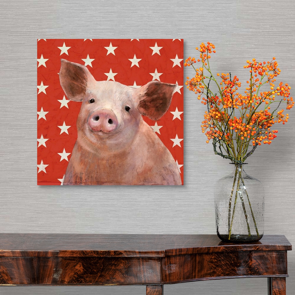 A traditional room featuring Square portrait of a pig on a red and white star patterned background.