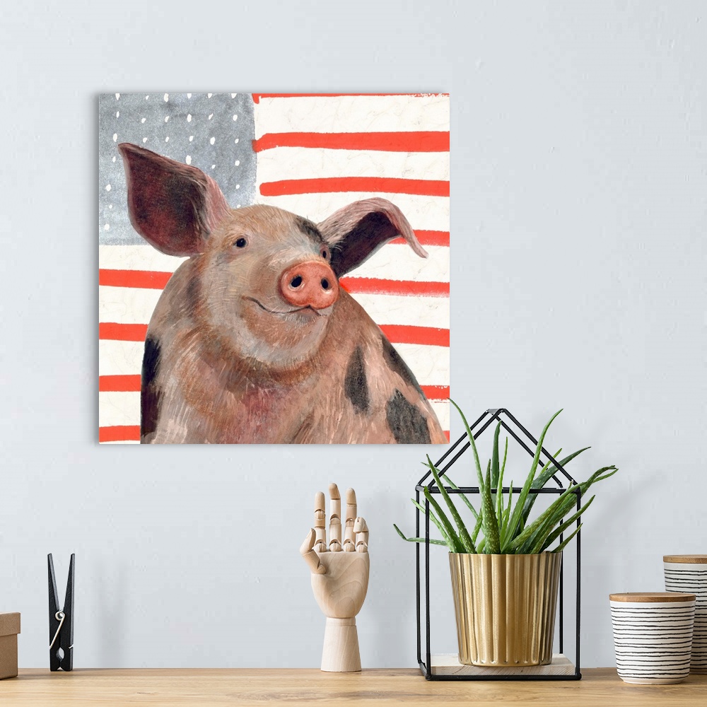 A bohemian room featuring Square portrait of a pig with an American flag background.