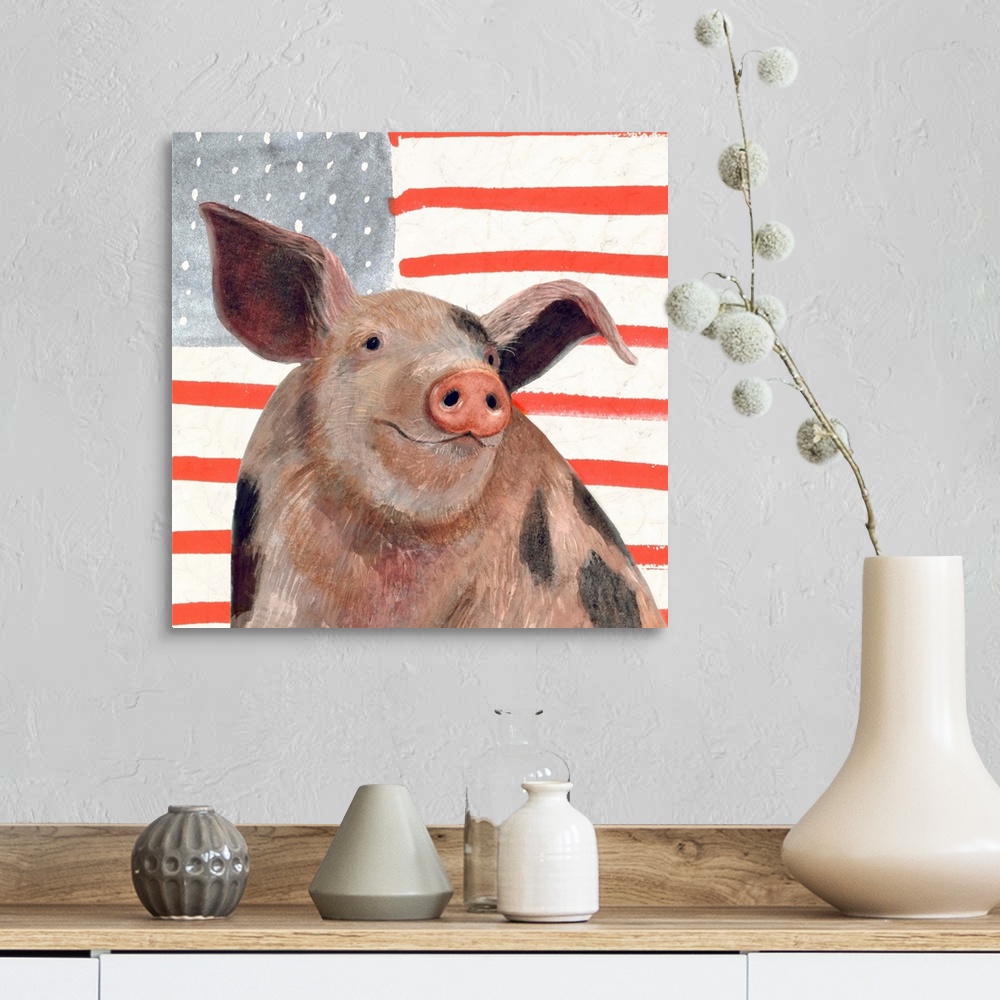 A farmhouse room featuring Square portrait of a pig with an American flag background.