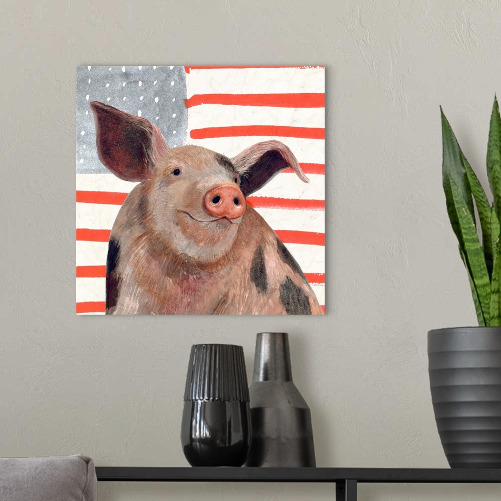 A modern room featuring Square portrait of a pig with an American flag background.