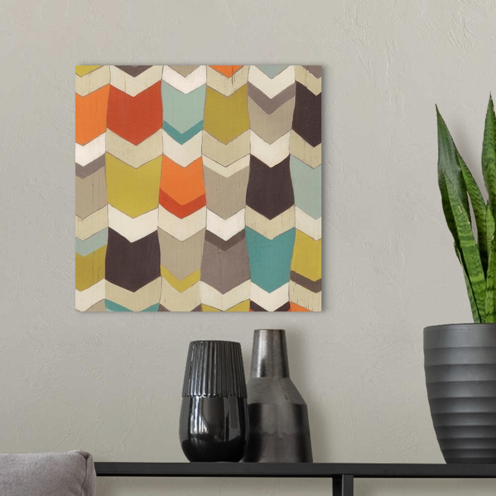 A modern room featuring Contemporary home decor art of a geometric pattern using muted colors.