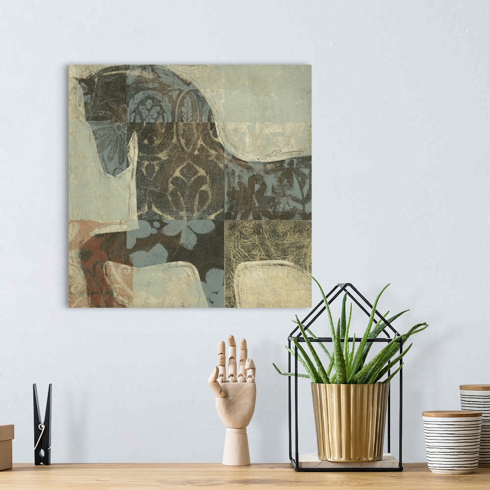 A bohemian room featuring Horse themed rustic home decor artwork.