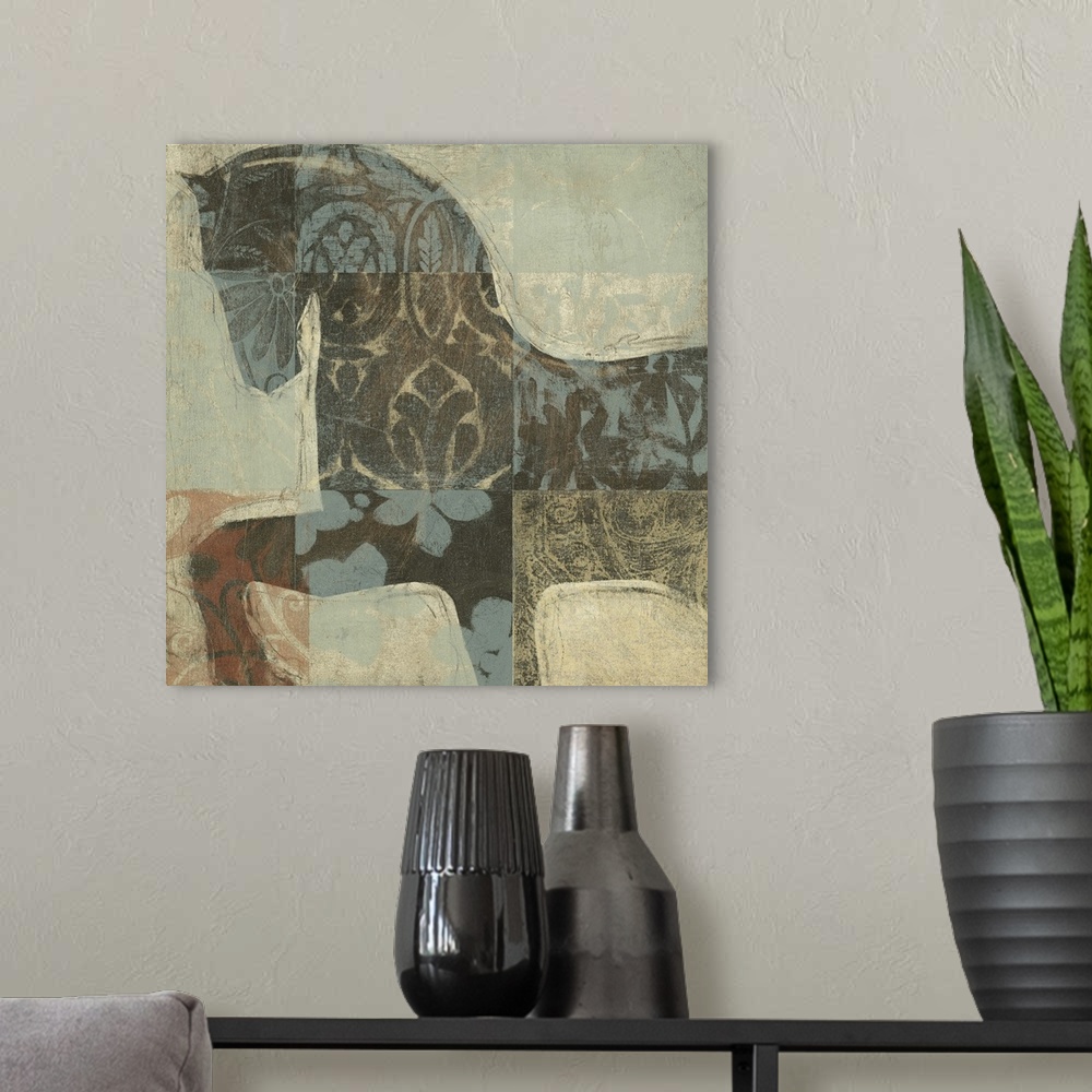 A modern room featuring Horse themed rustic home decor artwork.