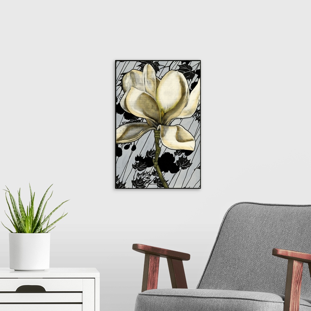 A modern room featuring Contemporary artwork of a vintage stylized magnolia flower reminiscent of art nouveau.