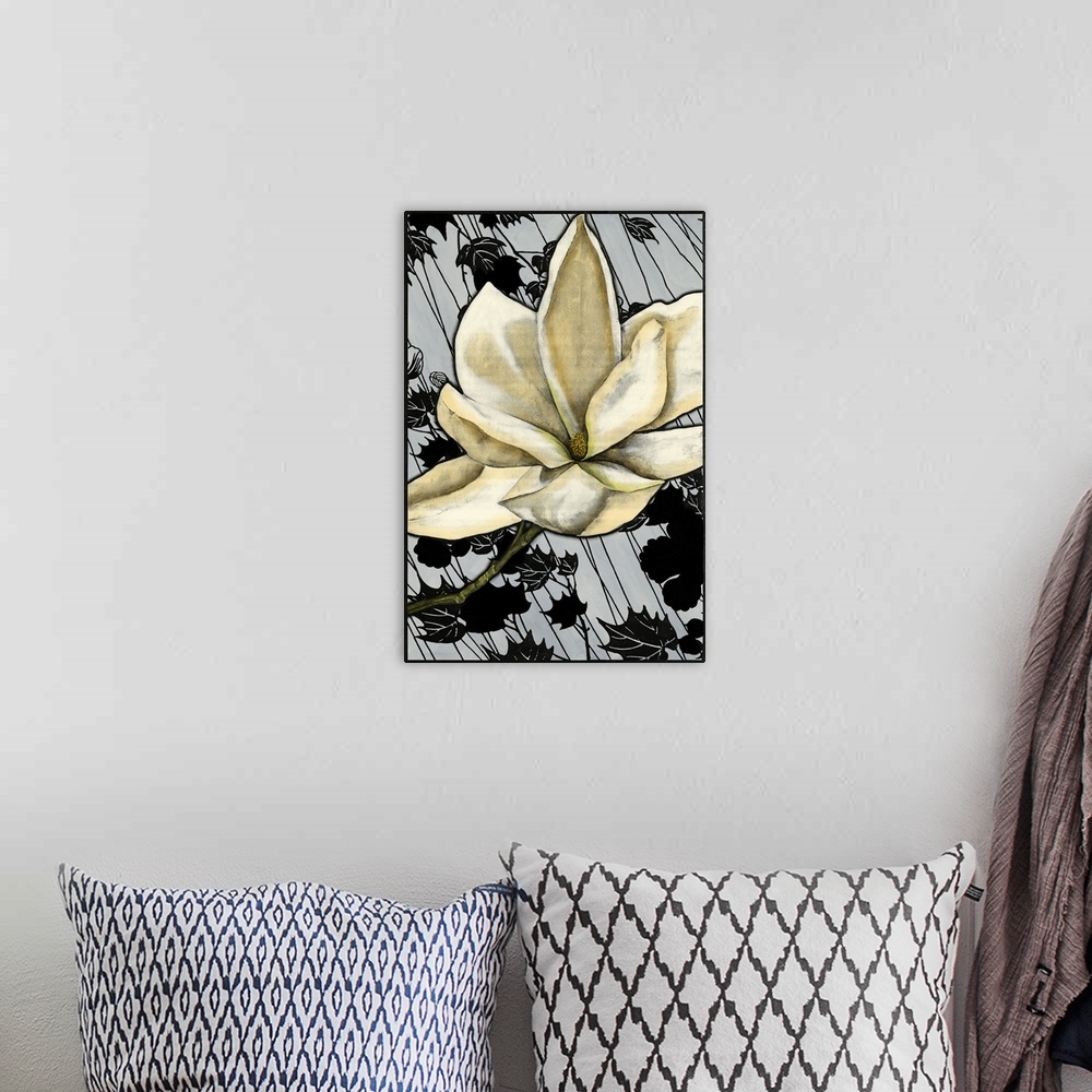 A bohemian room featuring Contemporary artwork of a vintage stylized magnolia flower reminiscent of art nouveau.