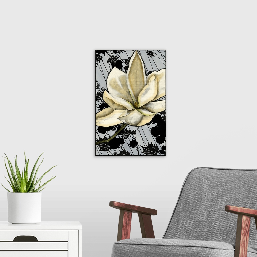 A modern room featuring Contemporary artwork of a vintage stylized magnolia flower reminiscent of art nouveau.
