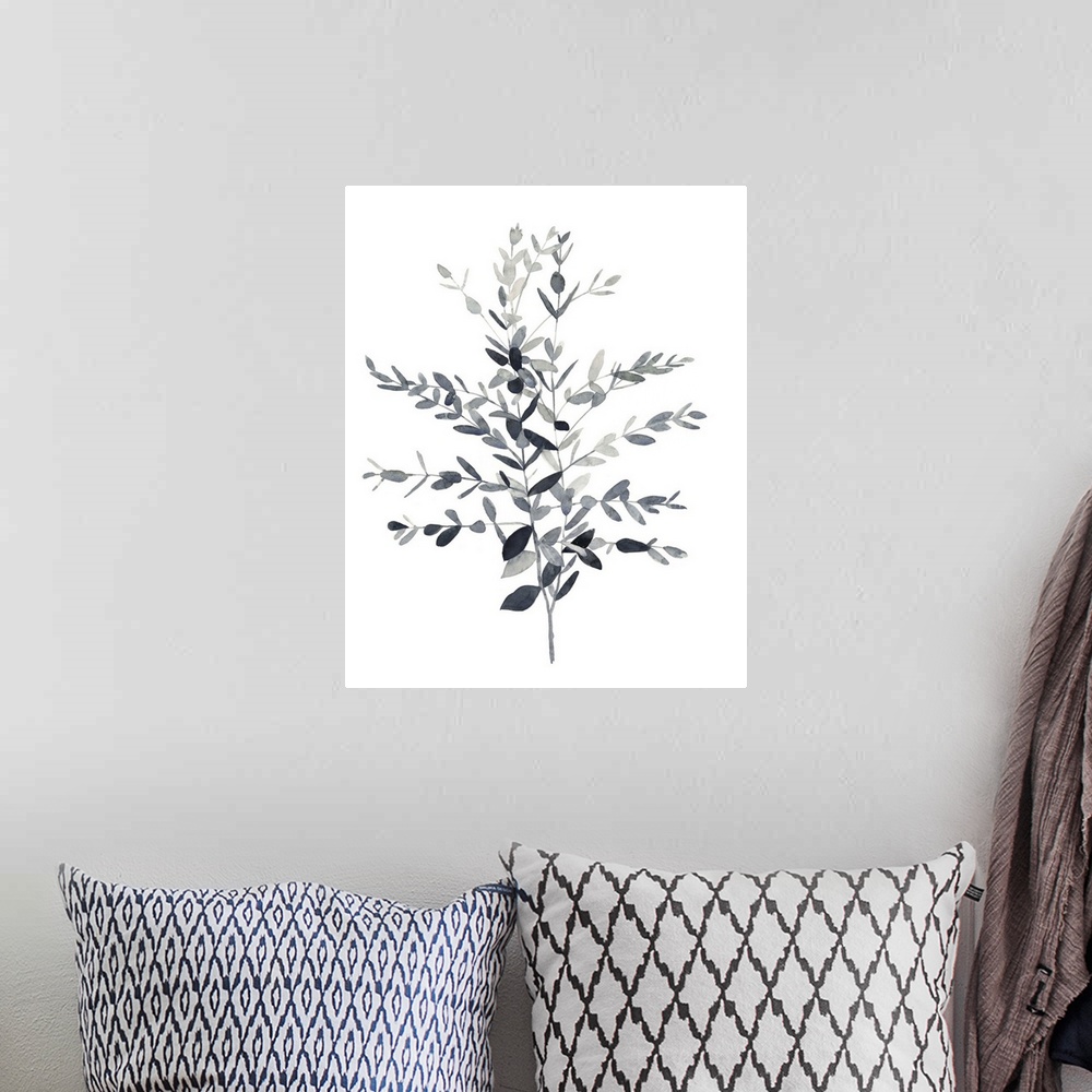 A bohemian room featuring Grey-scale botanical study painted with watercolor.