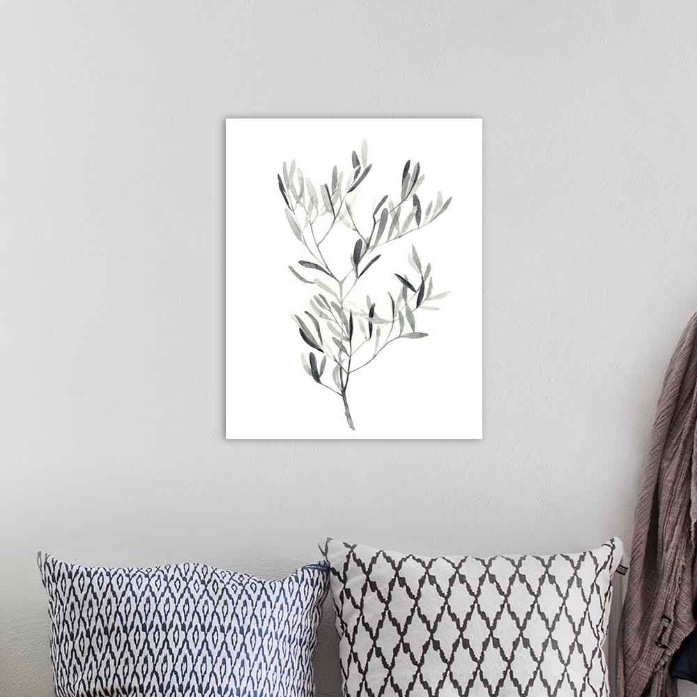 A bohemian room featuring Grey-scale botanical study painted with watercolor.