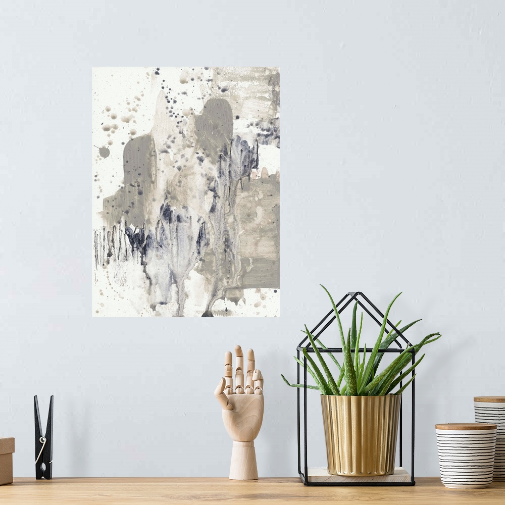 A bohemian room featuring This abstract artwork is constructed from thick brush strokes, smeared paint and paint splatter w...