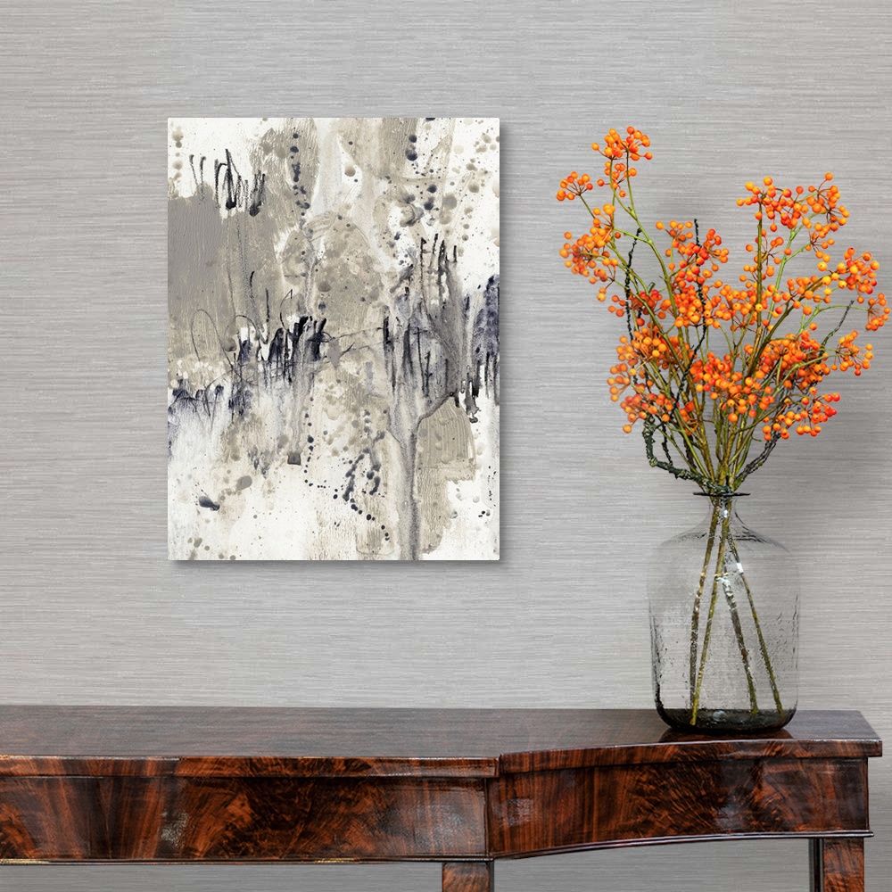 A traditional room featuring This abstract artwork is constructed from thick brush strokes, smeared paint and paint splatter w...