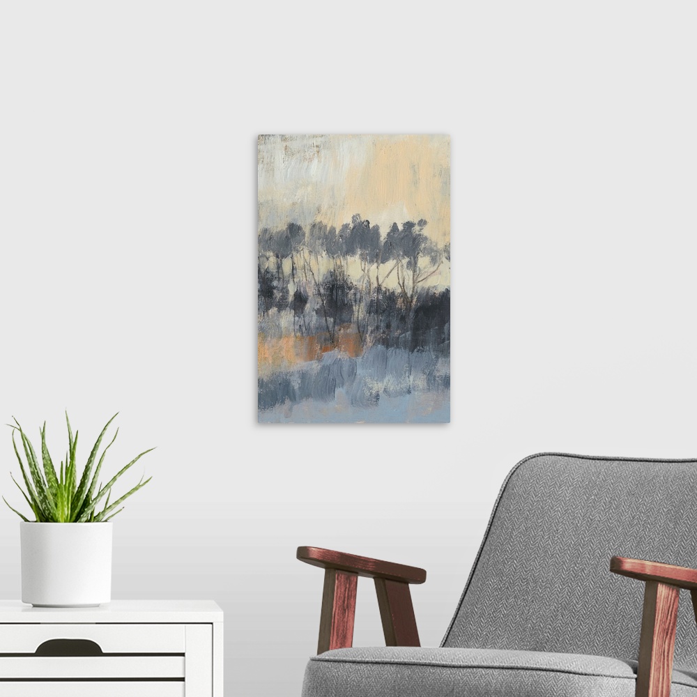A modern room featuring Contemporary artwork in dusky earth tones of a row of trees on a hill.