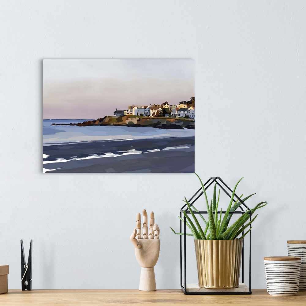 A bohemian room featuring Contemporary artwork of a peaceful beach scene with a town on the coast.