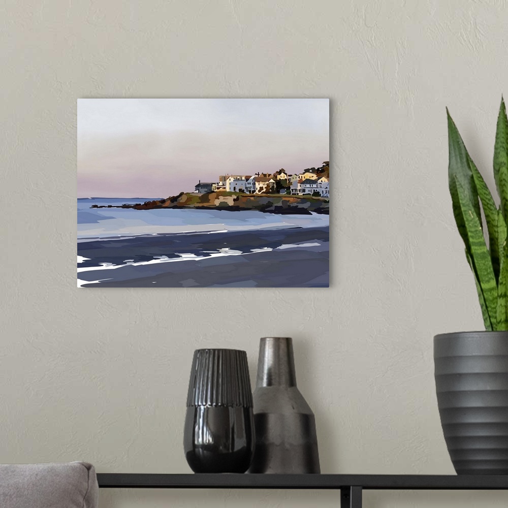 A modern room featuring Contemporary artwork of a peaceful beach scene with a town on the coast.